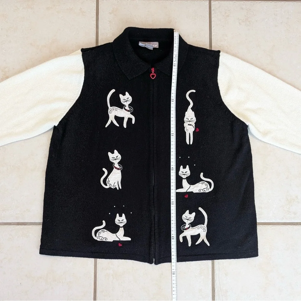 90s Vintage Tanjay Cat Grandma Sweater Size XL Heart Shaped Zipper Black & White - Picture 9 of 16